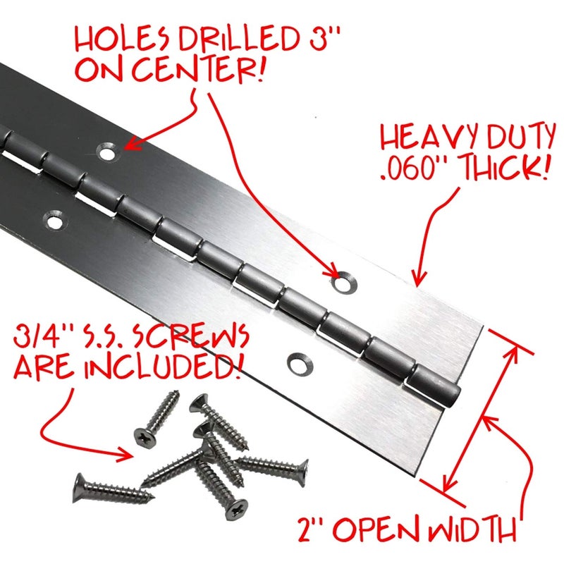 Desunia Heavy Duty 2" x 24" 201 Stainless Steel Piano Hinge - .060" Thick - Â¾" S.S. Screws Included - 1 Pack - Image 3